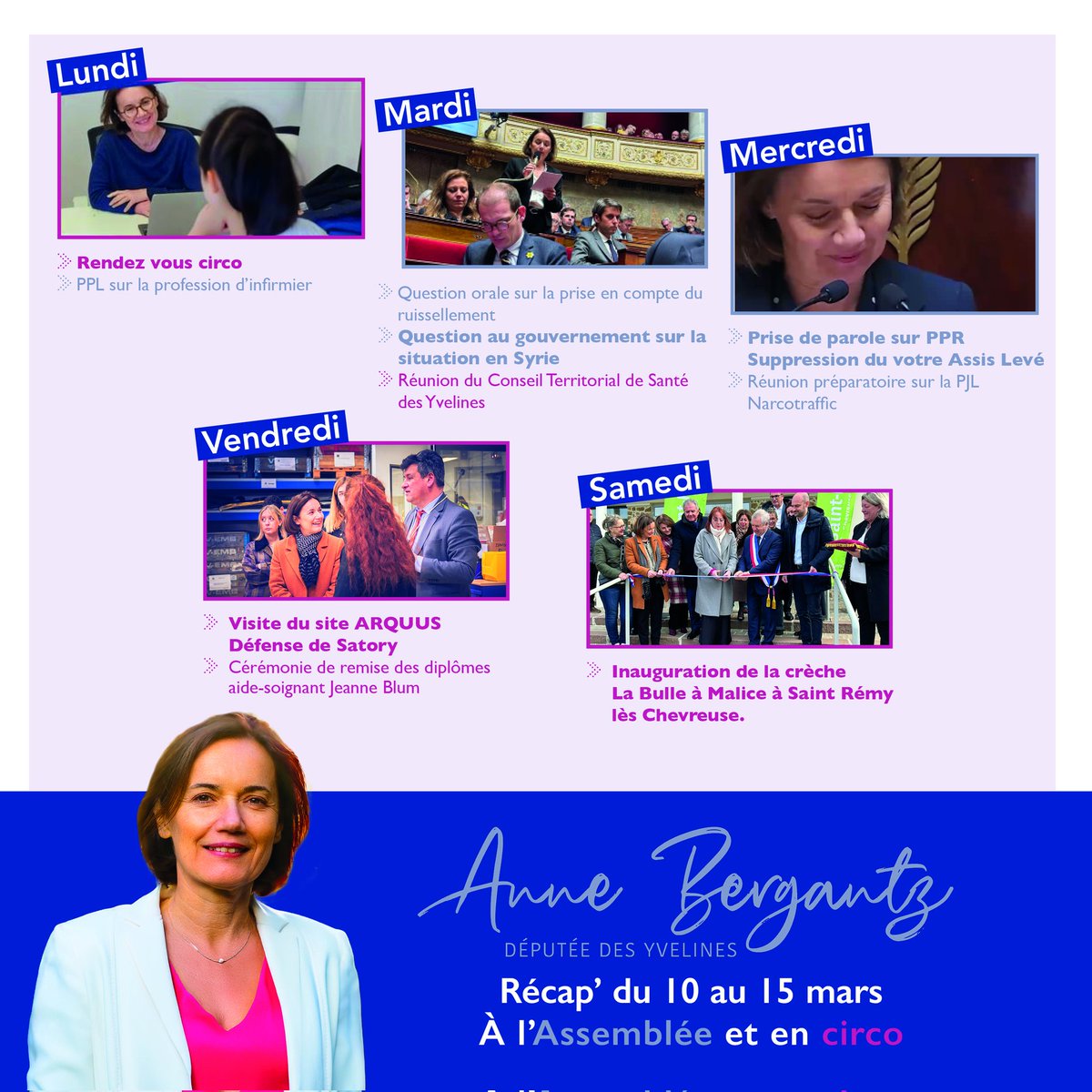 AnneBergantz's tweet photo. Question au Gouvernement, examen de divers PPL, visite du site Arquus Défense à #Satory, inauguration de la crèche La Bulle à Malice à St-Rémy...
Récap' de mon activité de cette semaine, à l'Assemblée et en circonscription 👇
🔗 Toute mon actualité ici : https://t.co/eMuozKAA5b https://t.co/DwuZLKiKFY