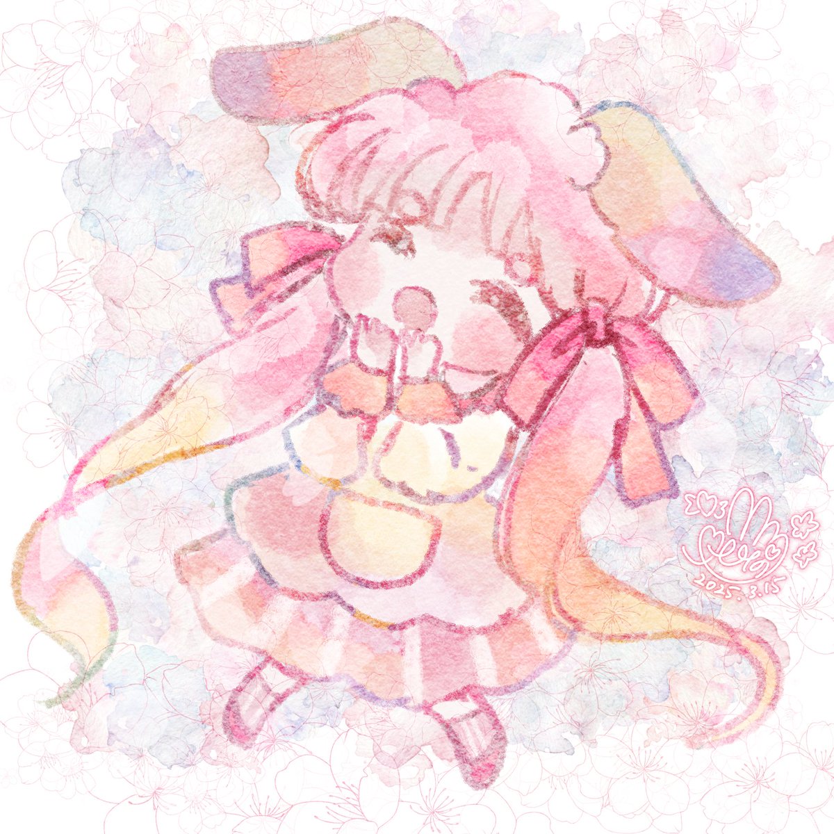 「今週はちびキャラと 水彩風の練習しました! 3枚描いたよ ちびキャラver.+背」|ひなっツ꒰ঌ🐰໒꒱のイラスト