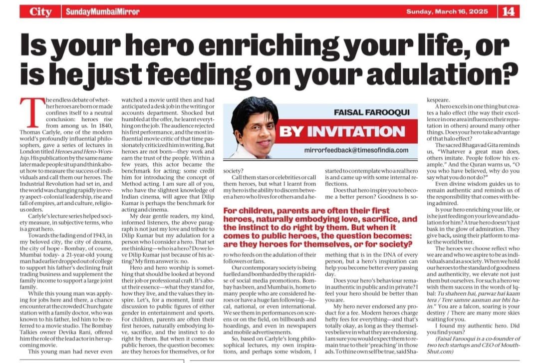 FAISALmouthshut's tweet photo. Where I talk about heroes, fans and adulation in today’s Mumbai Mirror. Agree? disagree? Lemme know in reply… https://t.co/DHCxe7R33f