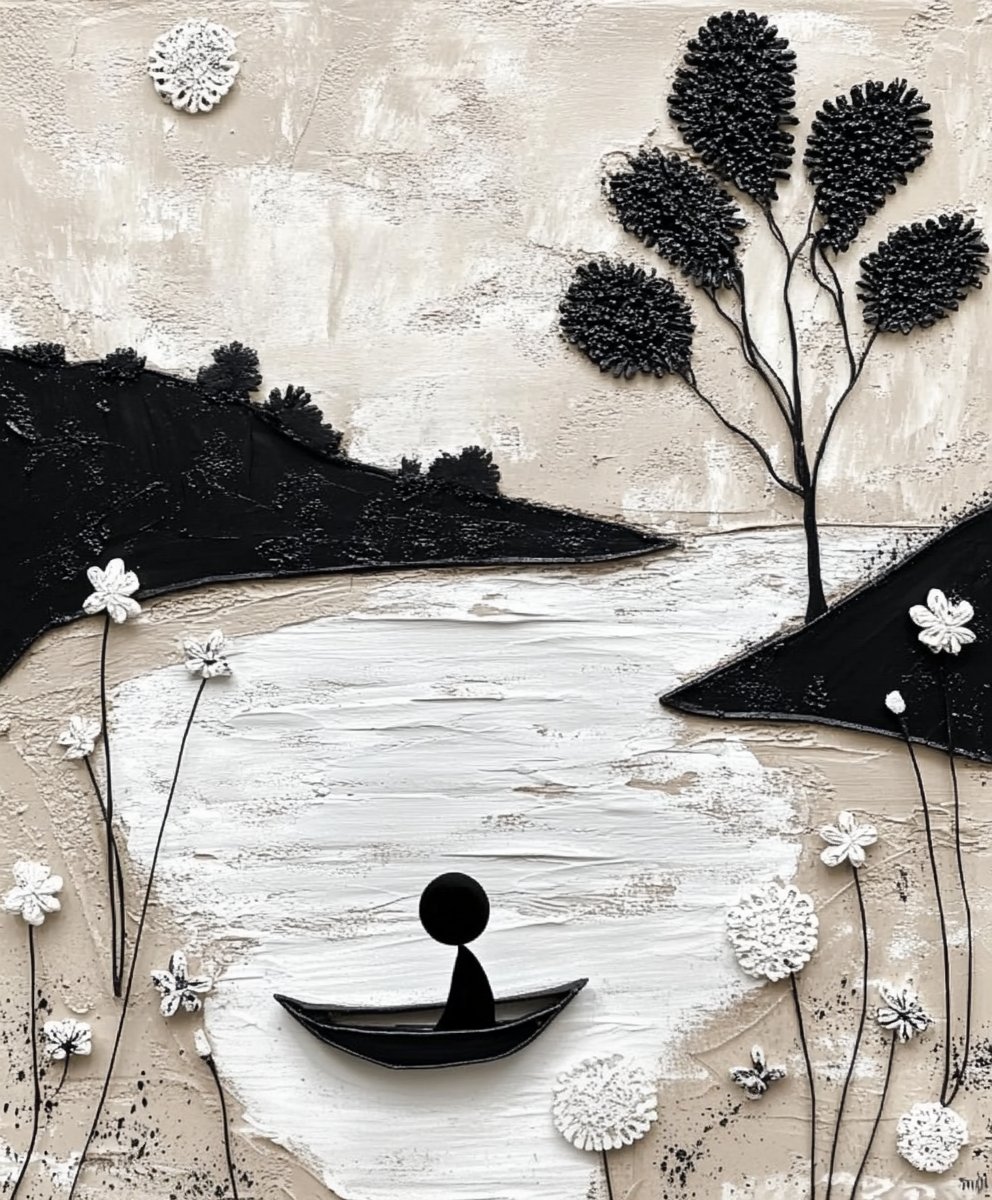 Good morning😊😊

An invitation to lose oneself on <a href="/objktcom/">objkt</a> 

Unique Edition - 4 tezos

The water swirls in arabesques beneath the boat, brushing against the shores like a feather caresses the skin. Sky and earth merge in shifting reflections, blurring the boundary between