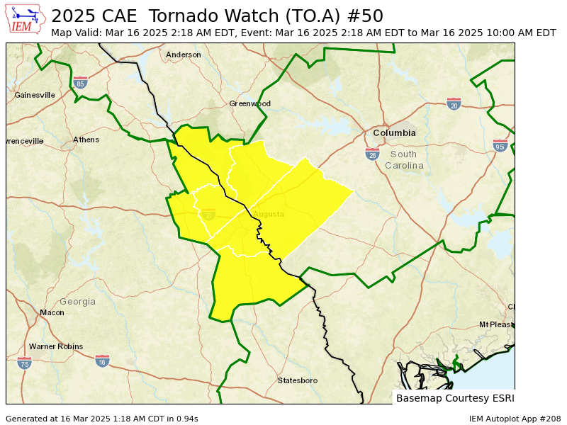 CAE issues Tornado Watch for Burke, Columbia, Lincoln, McDuffie, Richmond [GA] and Aiken, Edgefield, McCormick [SC] till Mar 16, 10:00 AM EDT mesonet.agron.iastate.edu/vtec/f/2025-O-…