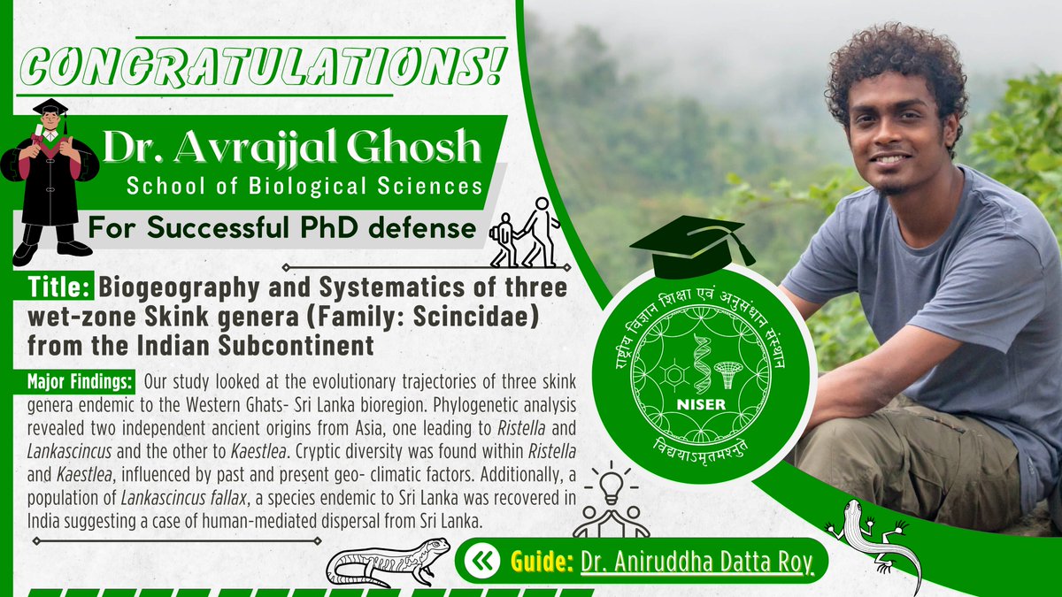 NISER (@niser_official) on Twitter photo Congratulations to <a href="/avrajjal/">Avrajjal Ghosh</a> from <a href="/SBSNISER/">SBS, NISER</a> on successfully defending his Ph.D. thesis, "Biogeography and Systematics of three wet-zone Skink genera (Family: Scincidae) from the Indian Subcontinent," guided by <a href="/skinkomaniac/">Aniruddha Datta Roy</a>!
His Publications: researchgate.net/profile/Avrajj… Congratulations to <a href="/avrajjal/">Avrajjal Ghosh</a> from <a href="/SBSNISER/">SBS, NISER</a> on successfully defending his Ph.D. thesis, "Biogeography and Systematics of three wet-zone Skink genera (Family: Scincidae) from the Indian Subcontinent," guided by <a href="/skinkomaniac/">Aniruddha Datta Roy</a>!
His Publications: researchgate.net/profile/Avrajj…
