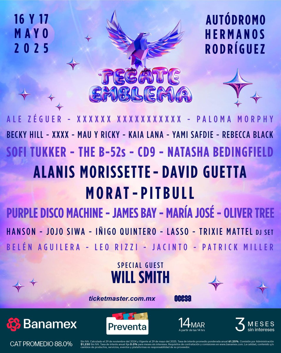 Y tu ya tienes tus boletos para <a href="/TecateEmblema/">Tecate Emblema</a> ?, Este 16 y 17 de Mayo nos esperan artistas como Will Smith, Pitbull, David Guetta, Morat, The B-52s, CD9, Purple Disco Machine y Lasso.
ticketmaster.com.mx/tecate-emblema…