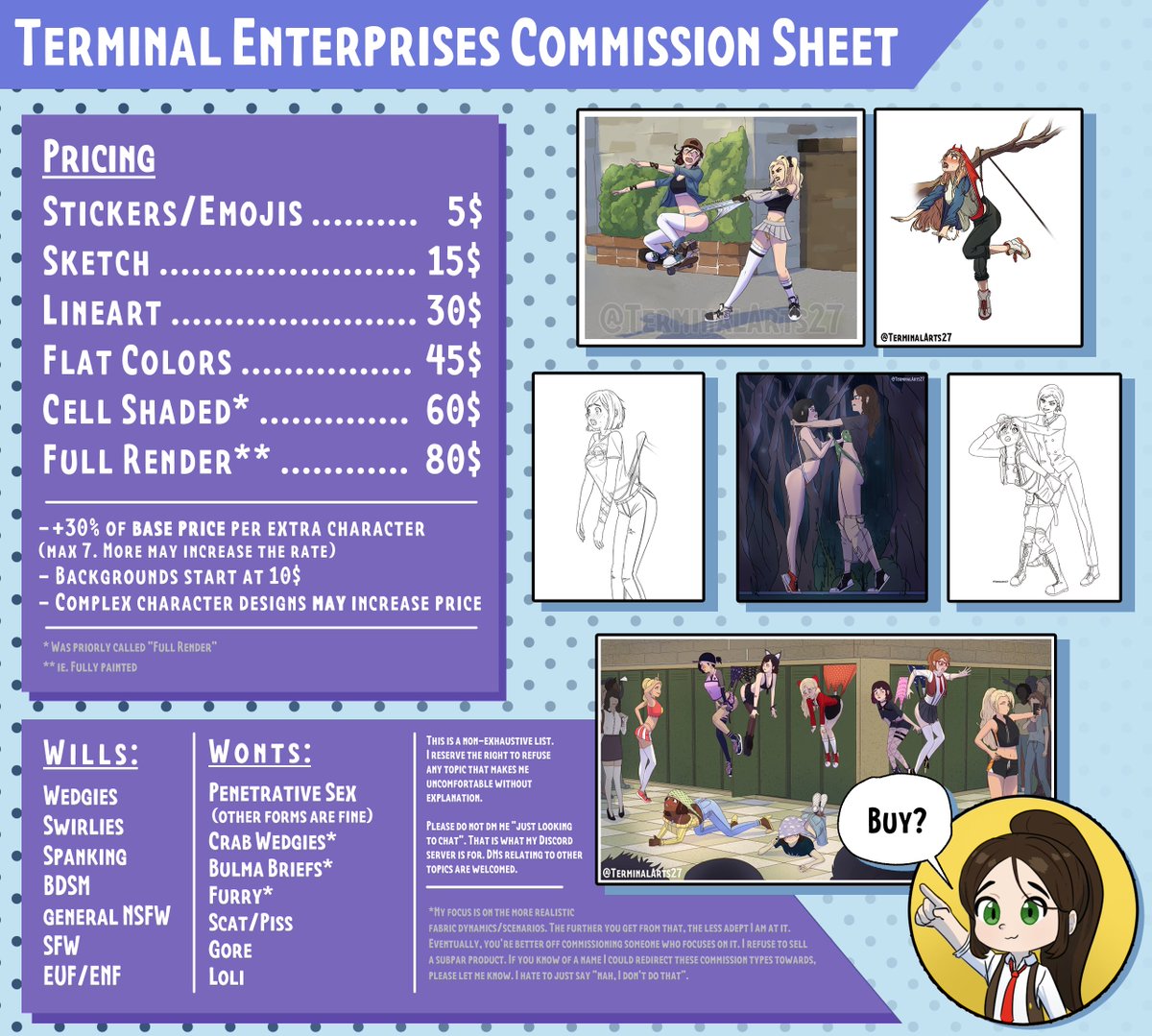 Forgot to say this here, but commissions are open! And I updated my commission sheet

#wedgie #wedgiegirl #wedgieart