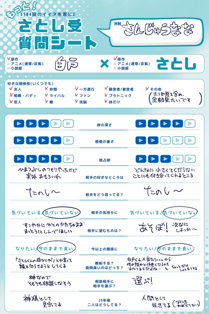 kTg8E7PzlwC7o7Y's tweet photo. 開催お疲れ様でした〜！とっても楽しかったです
忘れてた質問シートもついでに📄(白さと)
#3104回イイネ2 https://t.co/rr4NraPx9R