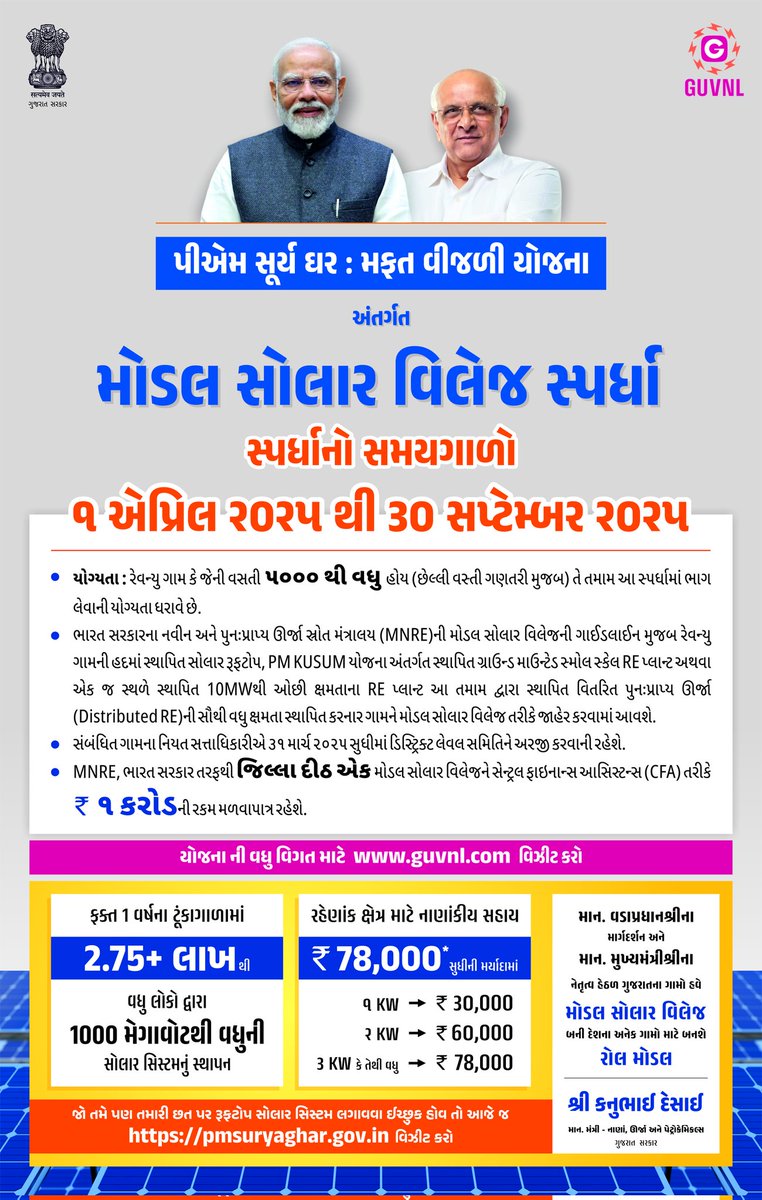 pradipsinhbjp's tweet image. માનનીય વડાપ્રધાન શ્રી @narendramodi સાહેબના માર્ગદર્શન તથા મુખ્યમંત્રી શ્રી @Bhupendrapbjp જીના નેતૃત્વમાં પીએમ સૂર્યઘર મફત વીજળી યોજના સંદર્ભે ગુજરાતમાં સીમાચિહ્નરૂપ કામગીરી થઈ રહી છે.

સૌર ઊર્જા ક્ષેત્રે દેશમાં ક્રાંતિ લાવનાર આ યોજના અંતર્ગત આયોજિત મોડલ સોલાર વિલેજ સ્પર્ધામાં…