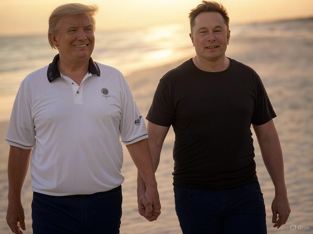 7evenguy's tweet image. Image by @grok

prompt：請你幫我畫出馬斯克跟川普手牽手走在沙灘的照片

試過這麼多 AI 模型，真的覺得自由才是 AI 的魅力

受越多限制的 AI 模型真的是浪費 AI 的潛力，與其對 AI 設定一堆管制，不如針對使用他的人去設懲罰

你用 AI 做壞事，加罰 10 倍之類的
因為用了 AI 很多成本都變低很多