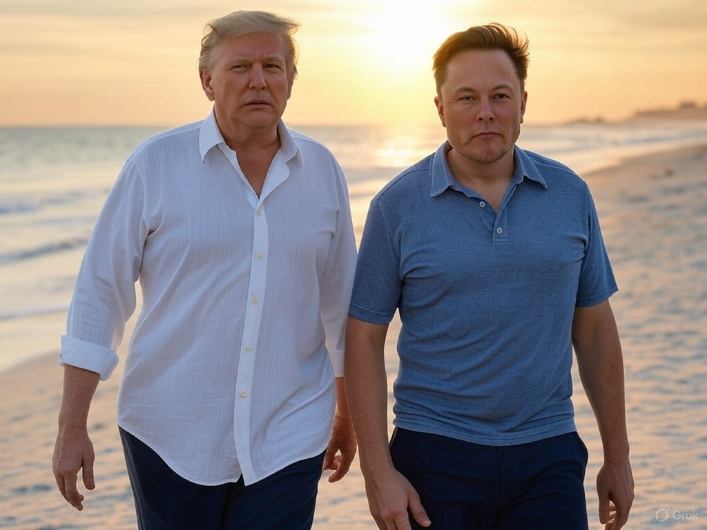 7evenguy's tweet image. Image by @grok

prompt：請你幫我畫出馬斯克跟川普手牽手走在沙灘的照片

試過這麼多 AI 模型，真的覺得自由才是 AI 的魅力

受越多限制的 AI 模型真的是浪費 AI 的潛力，與其對 AI 設定一堆管制，不如針對使用他的人去設懲罰

你用 AI 做壞事，加罰 10 倍之類的
因為用了 AI 很多成本都變低很多