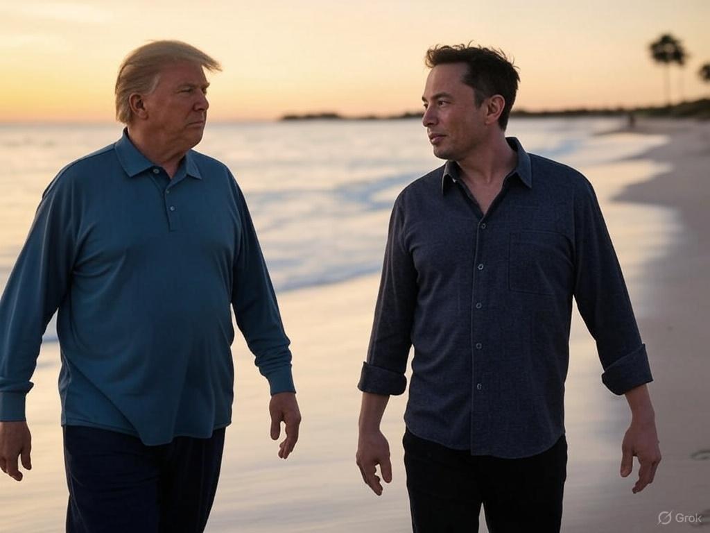 7evenguy's tweet image. Image by @grok

prompt：請你幫我畫出馬斯克跟川普手牽手走在沙灘的照片

試過這麼多 AI 模型，真的覺得自由才是 AI 的魅力

受越多限制的 AI 模型真的是浪費 AI 的潛力，與其對 AI 設定一堆管制，不如針對使用他的人去設懲罰

你用 AI 做壞事，加罰 10 倍之類的
因為用了 AI 很多成本都變低很多