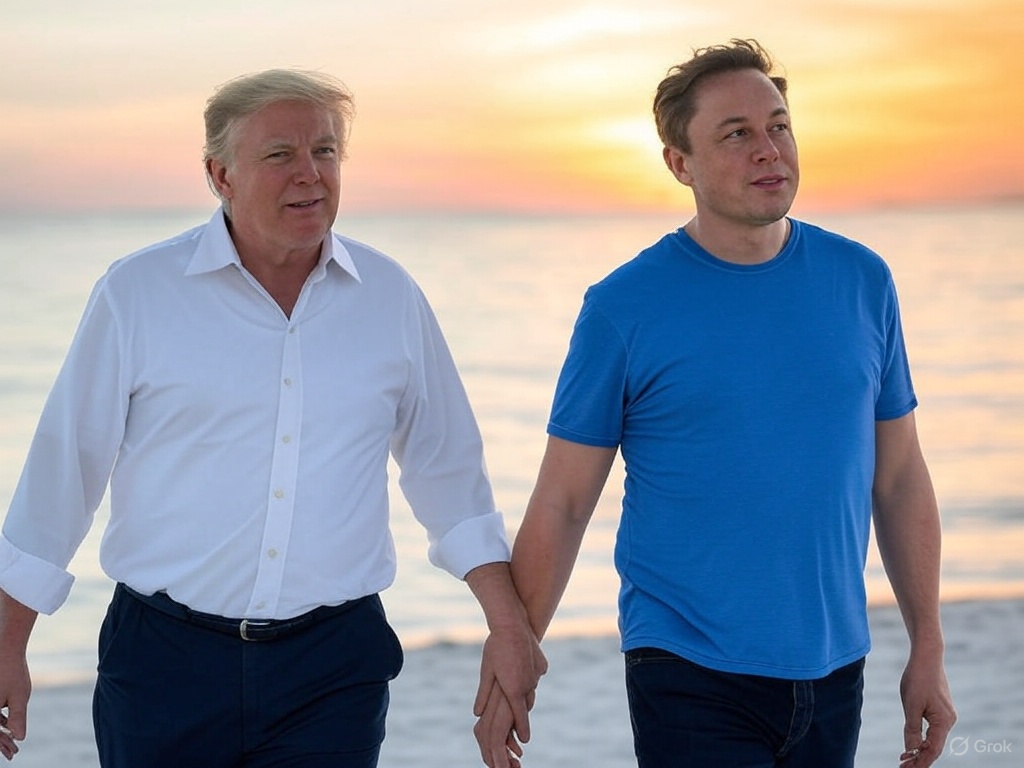 7evenguy's tweet image. Image by @grok

prompt：請你幫我畫出馬斯克跟川普手牽手走在沙灘的照片

試過這麼多 AI 模型，真的覺得自由才是 AI 的魅力

受越多限制的 AI 模型真的是浪費 AI 的潛力，與其對 AI 設定一堆管制，不如針對使用他的人去設懲罰

你用 AI 做壞事，加罰 10 倍之類的
因為用了 AI 很多成本都變低很多