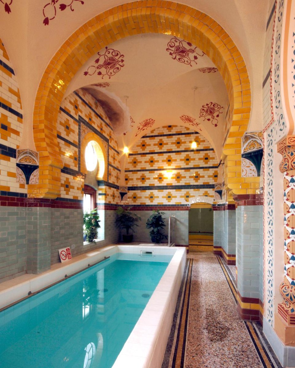 HistoricEngland's tweet photo. Turkish Baths were common in Victorian times, but only several remain, dating back to the 19th century. 💧

The Royal Baths in Harrogate feature walls of vibrant glazed brickwork, arabesque-painted ceilings, and terrazzo floors. https://t.co/pBu8UIp0lE