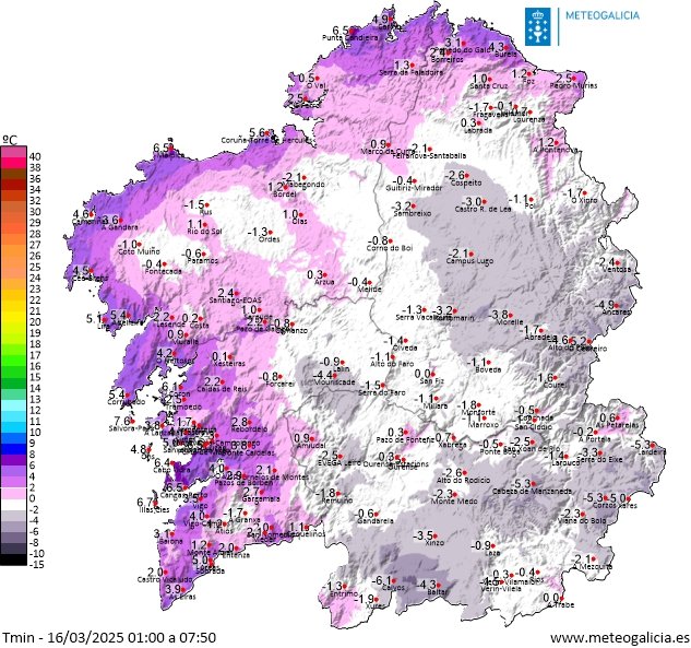 📉 Bo día! Comeza o domingo con xeadas en boa parte do interior de #Galicia, cuns valores que mesmo chegaron a baixar de -4°C interior de #Pontevedra e en #Ourense. Por diante unha xornada tranquila, só caerá algún chuvasco no ortegal e na Mariña.
