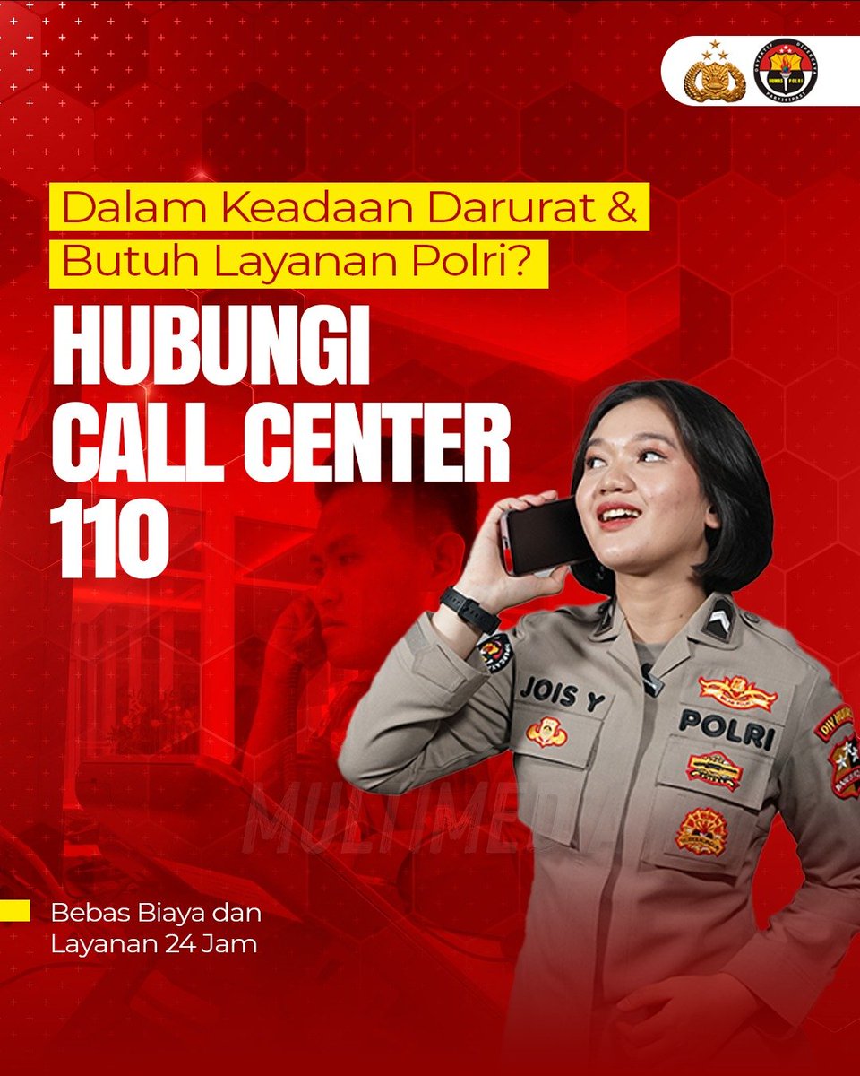 DivHumas_Polri's tweet photo. Polri menyediakan layanan call center 110 sebagai hotline darurat untuk masyarakat. Layanan ini dapat diakses secara gratis 24 jam di seluruh wilayah Indonesia untuk melaporkan tindak kriminal, kecelakaan atau gangguan keamanan lainnya. https://t.co/JYohxR2ENl