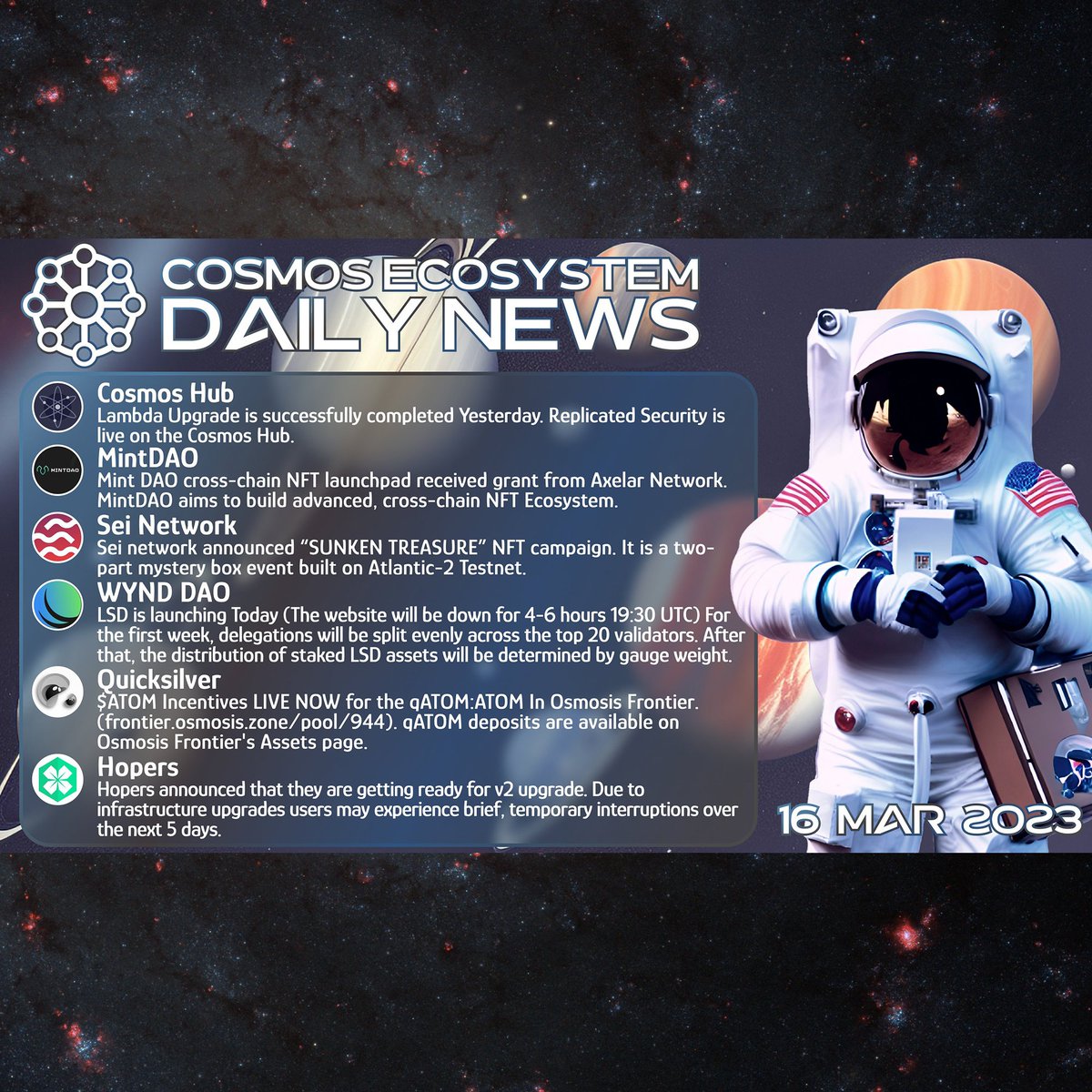 netobulas's tweet photo. @CosmosEcosystem
Today is the #BirthDay of my Cosmos Ecosystem News #NFT #52 🎉🥳⚛️
@StargazeZone $STARS
https://t.co/9HGHd60KBG
#ATOM #HOPE #News #NFT #QCK #SEI #WYND https://t.co/RtBPBIq5Rd