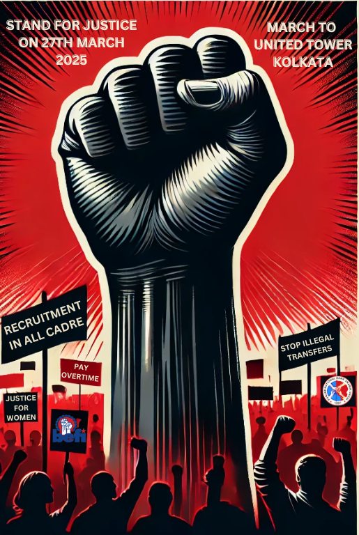 PNBSUWB's tweet photo. ✊ Stand for Justice! ✊

On 27th March 2025, we march to United Tower, Kolkata for our rights! 🚩

📢 Recruitment in all cadres
⏳ Pay overtime
⚖️ Justice for women
🚫 Stop illegal transfers
Join us and raise your voice! #DayLongDharna #JusticeMarch #PNBSU #WorkersRights https://t.co/Rk5yMiZ0aR