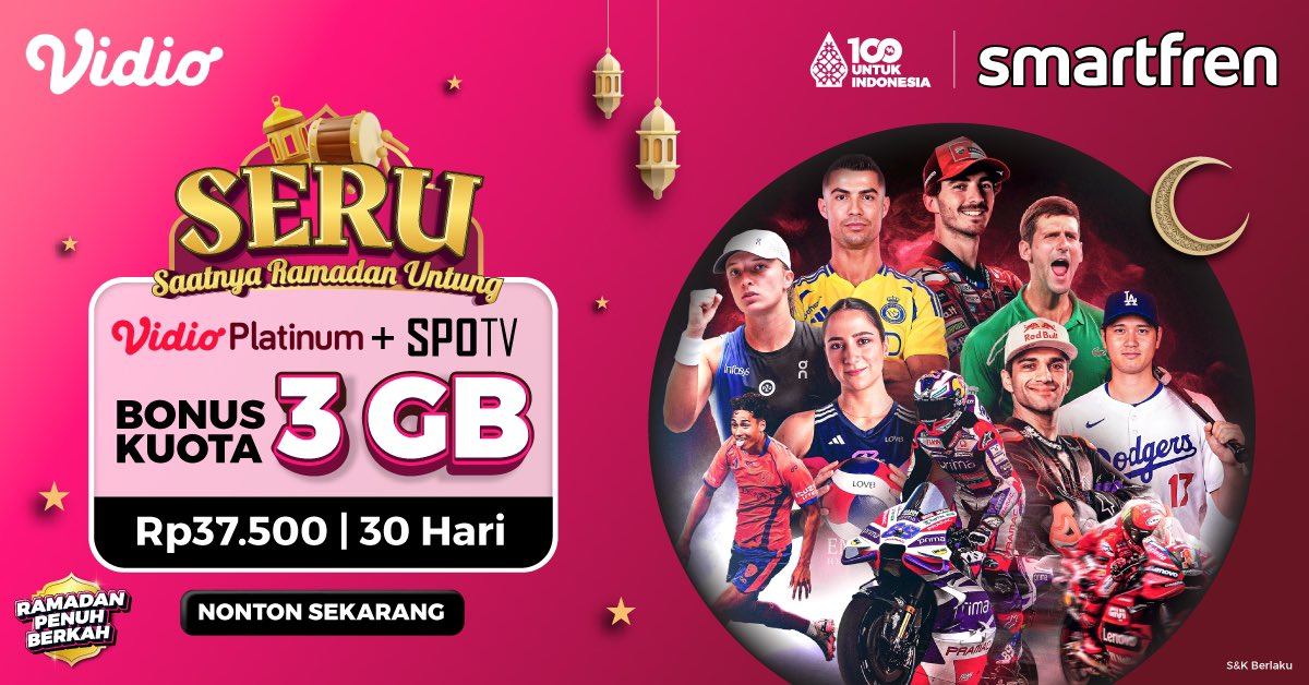 smartfrenworld's tweet photo. Nonton bola, basket, atau badminton? 

Semua ada di Vidio Platinum + SPOTV, cuma 37.500/bulan + dapet kuota 3 GB dari Smartfren! 😎 Gaskeun beli sekarang juga! 🏆 #SportMania 
👉 https://t.co/E2piciqPGK

#smartfren #100PersenUntukIndonesia https://t.co/e5OUsNce6O