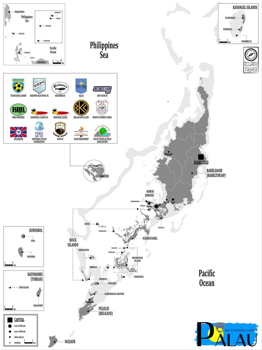 RiccardoDAgnese's tweet photo. 🇵🇼 Mappa della geografia calcistica di Palau realizzata da me 🇵🇼
Palau is an island nation east of the Philippines, which gained independence in 1994. It is made up of a very large number of islands, however #Koror is where most of the inhabitants reside.
Sport is one of the main activities in Palau and is managed by the local Olympic committee, Palau Noc Noc. However, football is not one of the main sports on the island: the #PalauFA was founded in 2002, however it is not currently affiliated with #FIFA and the #AFC, and has only been a member of the #OFC in the past; furthermore, the national team has only participated in very few international matches.
The local championship is not played regularly and consistently: the first edition of which there is evidence is from 2004, the last in 2017, sometimes played with double tournaments played in spring and autumn.
The team members are amateurs and often represent local businesses and communities of foreigners living on the island, who have nevertheless put on exciting and goal-filled matches.
The matches have always been held at the PCC Track & Field stadium, located in Koror, and some of the most successful teams include Team Bangladesh, Kramers FC, Daewoo Ngatpang and Surangel & Sons Company.