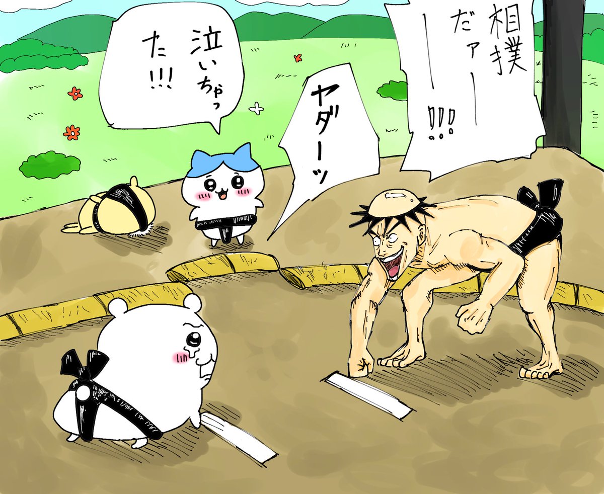 compliance0678's tweet photo. 『相撲を挑まれて、泣いちゃった
ちいかわ』

（カラー版）

#ちいかわ https://t.co/TqzlEvn1KU