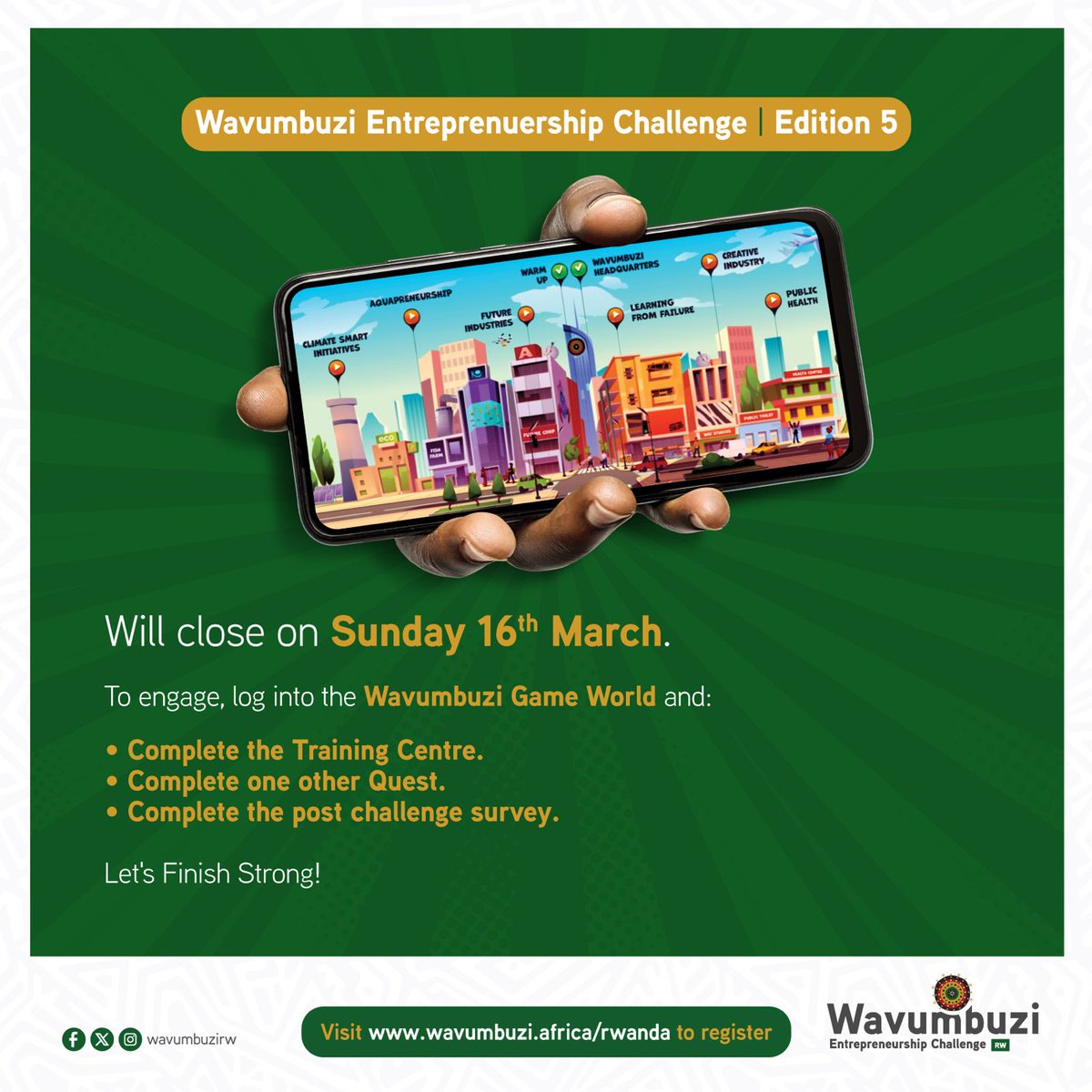 Time is running out ⏳! Today is the LAST DAY for the Wavumbuzi Entrepreneurship Challenge Edition 5! 🚀 🚀✨ Don't miss out! Make sure the quests and post-survey are completed before midnight.  The countdown is ON—finish strong! 💪✅