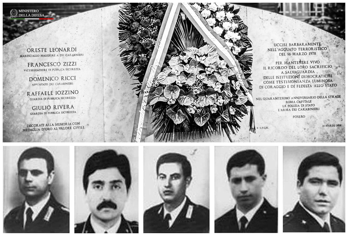 MinisteroDifesa's tweet photo. "A 47 anni dalla Strage di via #Fani, onoriamo la memoria dei servitori dello Stato barbaramente uccisi il #16marzo 1978 dalle Brigate Rosse per rapire il Presidente della Democrazia Cristiana, Aldo #Moro. 
Oreste Leonardi e Domenico Ricci, @_Carabinieri_, Giulio Rivera, Francesco Zizzi e Raffaele Iozzino, @poliziadistato, restano un simbolo di fedeltà e coraggio. Il loro sacrificio è monito ed esempio indelebile, che vive nella nostra memoria e nel nostro impegno a #difesa di democrazia e libertà".
Così il Ministro @GuidoCrosetto