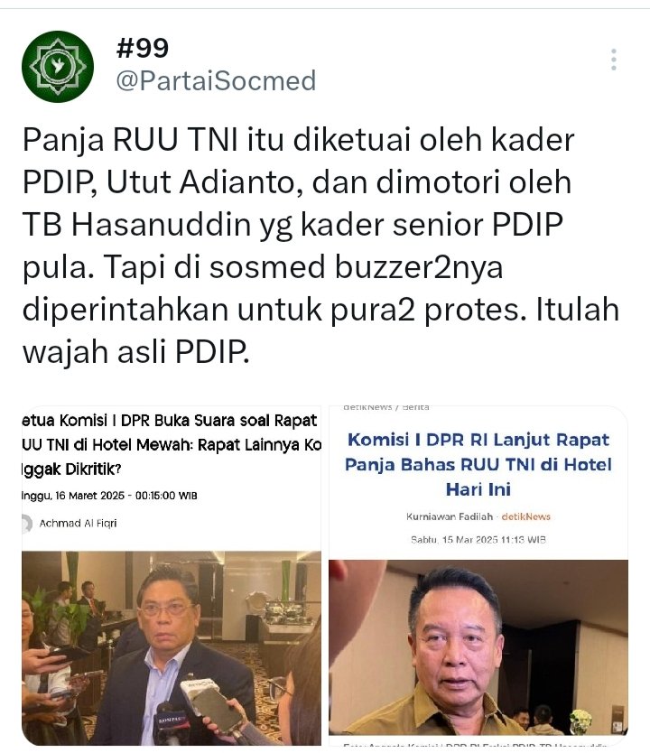 Ketua PANJA &amp; Legislator RUU TNI berasal dr <a href="/PDI_Perjuangan/">PDI Perjuangan</a> 

Lalu di geruduk oleh <a href="/riekediahp/">Rieke Diah Pitaloka</a> Adian N, <a href="/KontraS/">KontraS</a> yg didanai USAID ormas Teroris dll

Artinya apa <a href="/puanmaharani_ri/">Puan Maharani</a> ?

Banyak kader PDI-P serta BuzzerRp merupakan antek2 nya Mafia Koruptor, yg tidak suka Indonesia Maju
