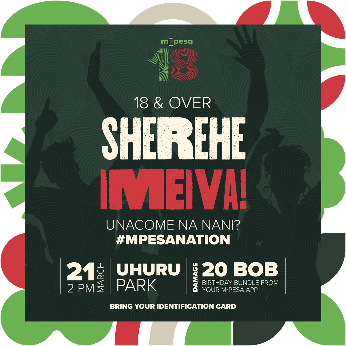 SafaricomPLC's tweet photo. Get ready for an epic night as Kenya’s top DJs take the stage as we celebrate 18 years of M-PESA! Gear up for the ultimate sherehe with 18 hours of non-stop beats, and electrifying vibes. #MPESANation​
​
Unacome na nani? Tag them in the comments 😎​

🗓️ Friday 21st March 2025​
📍Uhuru Park ​
⏱️ Gates open at 2PM ​
🆔 Carry valid ID/Passport (18+Over only)​
🎟️ Buy the M-PESA Birthday Bundle for only 20 bob on the M-PESA App on the concert day​
🔗https://t.co/whsRIy43t8