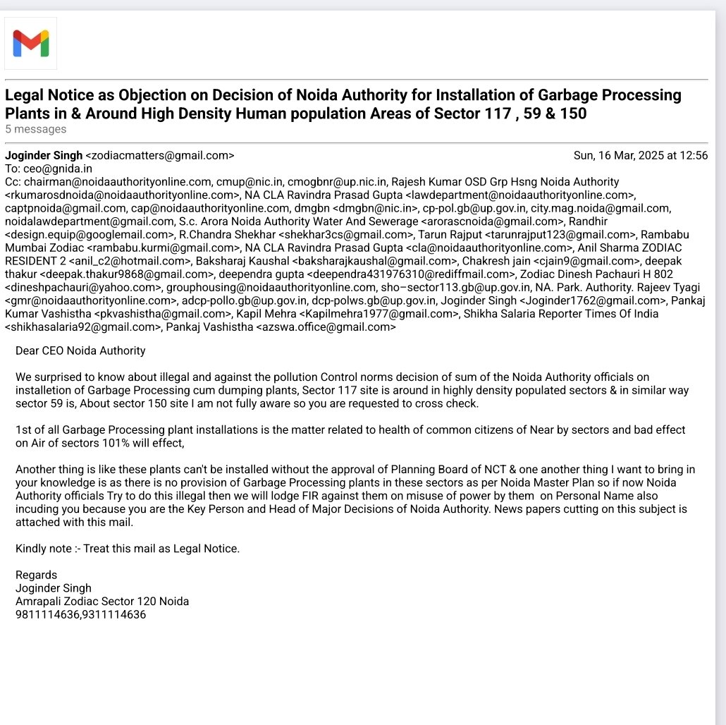 Joginde05957128's tweet photo. Legal Notice Sent to @CeoNoida on illegal decision of installetion of Garbage Processing plants in &amp; around highly Density Humans Population Areas @CPCB_OFFICIAL @UPPCBLKO you,r requested to take strict actions against responsible @noida_authority officials 
Joginder Singh GBNgr https://t.co/Dilr4h5xJn