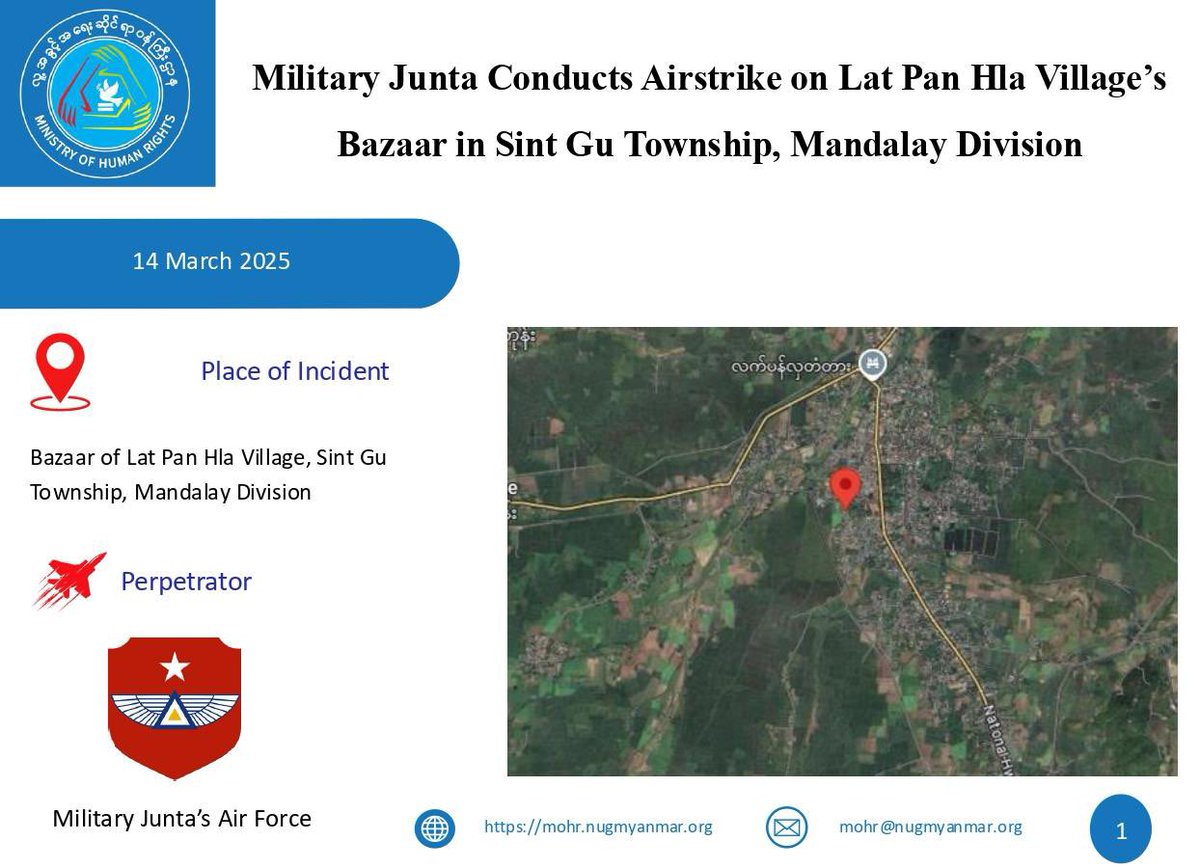 mohr_nug's tweet photo. On March 14,2025, a Yak-130 jet from the Myanmar military #junta dropped incendiary bombs on a crowded #bazaar in Lat Pan Hla village, Sint Gu township, killing 27 civilians, including 6 #children, and injuring 38. #Warcrime #EndsImpunity #CrimesofJunta https://t.co/12OpRJwfpt