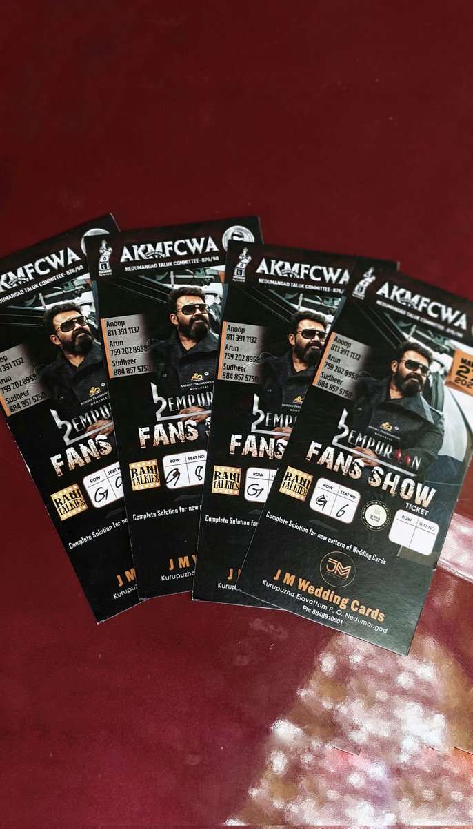 LOCKED 🔐 🎟️
#Empuraan #fdfs from 6am! All set for a massive release worldwide
MARCH .27 .2025 
<a href="/Mohanlal/">Mohanlal</a> <a href="/PrithviOfficial/">Prithviraj Sukumaran</a>
 Its official now, The Emperor Khureshi Ab'Raam &amp; Stephen Nedumpally Arriving at 6 AM IST 

 Aashirvad &amp; Gokulam 

Now Its time for the Devil's Entry