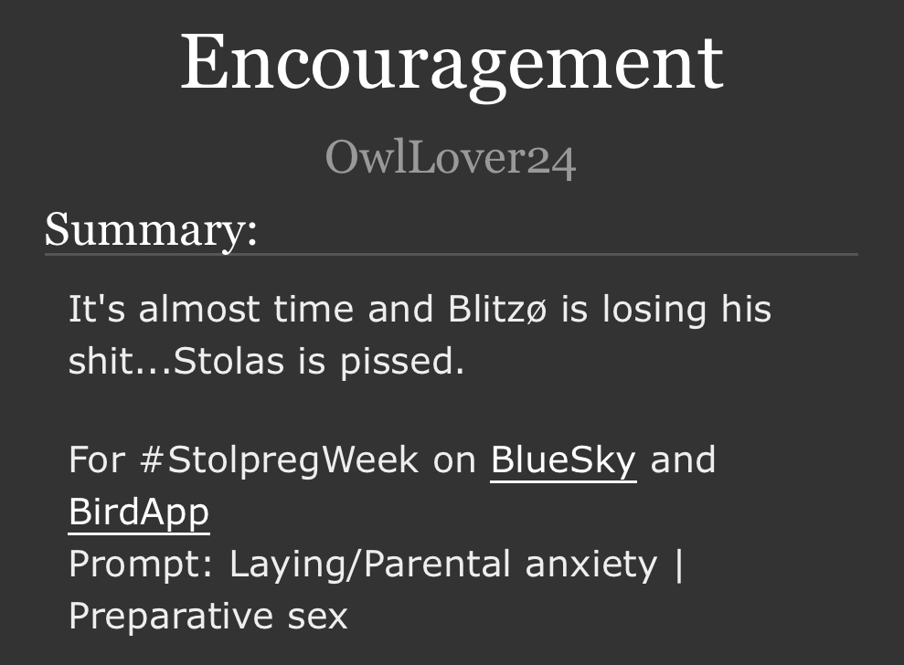Day 4 of #StolPregWeek hosted by <a href="/StolpregWeek/">Stolpreg Week</a> 

Laying/Parental anxiety | Preparative sex

Reminders and encouragement 🥰

#HelluvaBoss #Stolitz #Stolitznsfw 

archiveofourown.org/works/63893743