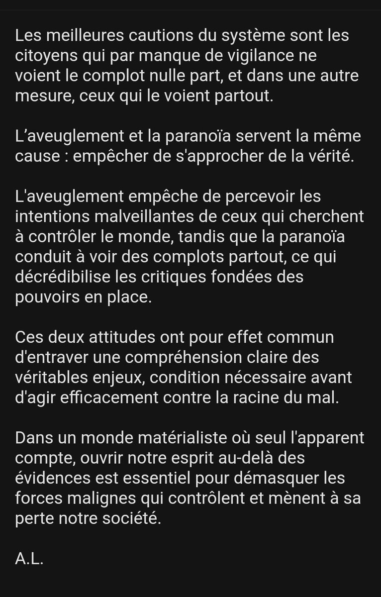 AniceLajnef's tweet photo. Notre monde est façonné par des comploteurs, dont les principaux complices sont les masses de citoyens naïfs, gobeurs de mensonges.

Les apparences sont trompeuses, et la vérité, invisible à nos yeux, ne peut être perçue que par des cœurs sincèrement ouverts à l'intangible. https://t.co/SLgU8FIgxA