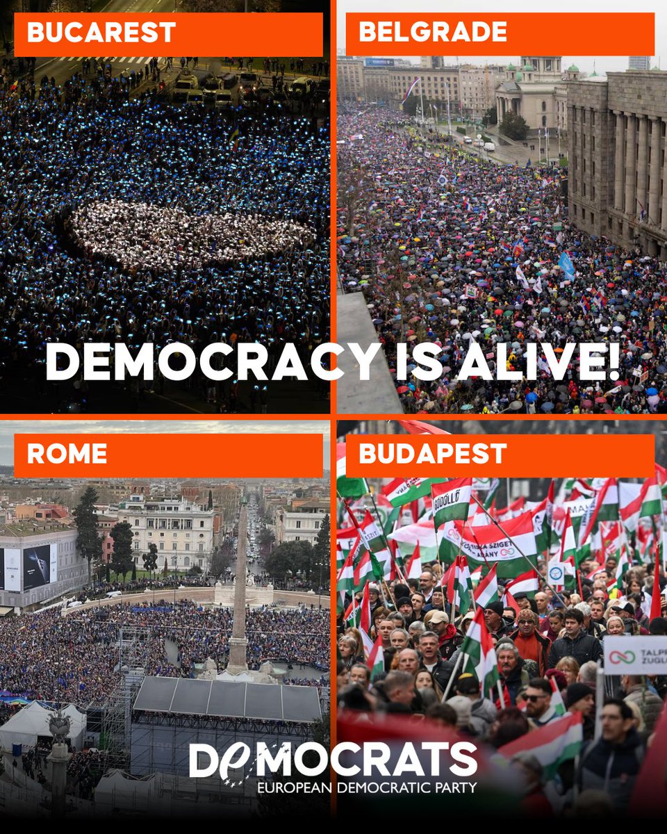 Democracy is alive and thriving in Europe!
Yesterday, four massive demonstrations sent a clear message: authoritarianism has no place in our continent.
🇪🇺 In Rome, a powerful pro-European rally filled the streets, affirming our commitment to democracy and unity.
🇷🇴 In Bucharest,