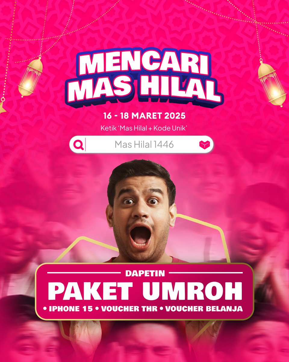 Dicari-cari, nemunya cuma di #LazadaRamadanBerkah! #CariMasHilal sekarang buat dapetin Paket Umroh, iPhone 15, Voucher THR dan banyak voucher belanja yang caranya cuma search Mas Hilal Lazada di internet lalu tebak kode uniknya, gaes 😎