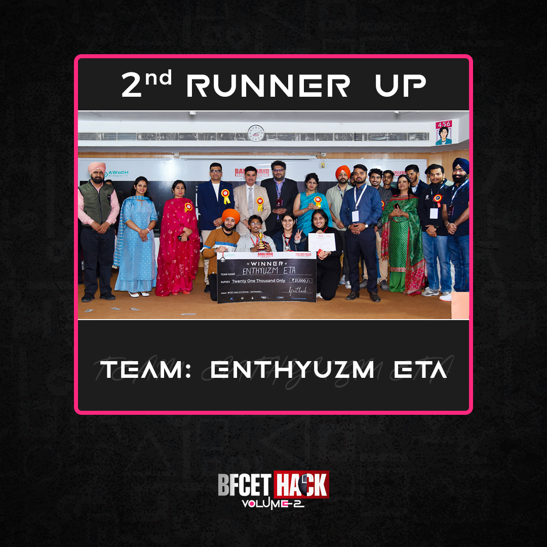 Bfcethack's tweet image. Team Enthyuzm Eta: 3rd Prize Winner at BFCET Hack 2.0! 🎉

A huge congratulations to Team Enthyuzm Eta for securing the 2nd Runner-Up position at BFCET Hack 2.0!

#BFCETHack2.0 #winners #HackathonExperience #SeamlessJourney #Hackathon2025 #college #event #collegestudent #ai #GDSC