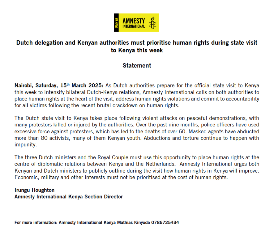 STATEMENT: As the Dutch state visit to Kenya begins this week, human rights must take center stage.

With over 60 killed, 80+ abducted, and ongoing violent crackdowns on protests, accountability must be a top diplomatic priority. amnestykenya.org/dutch-delegati…