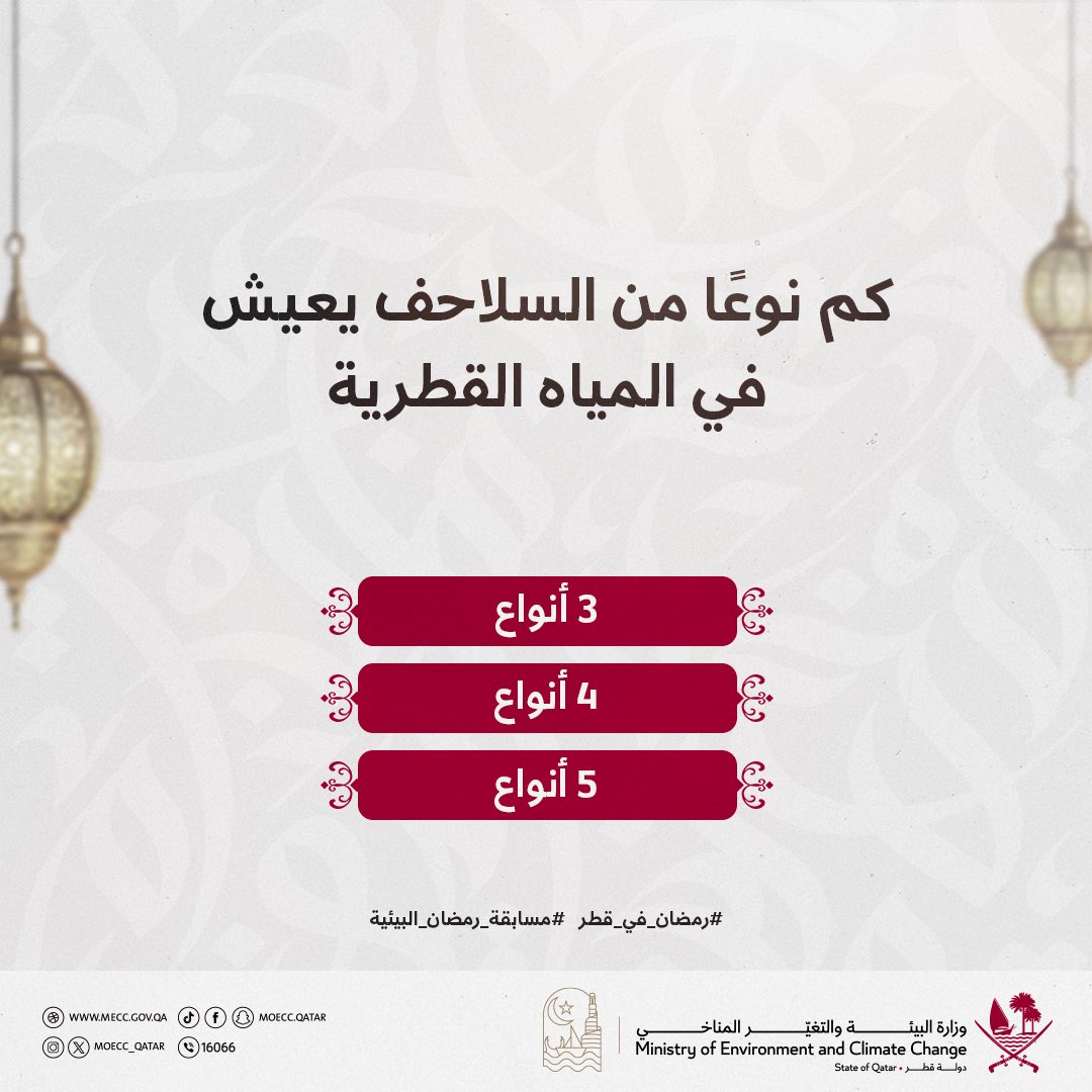 🌙 

كم نوعًا من السلاحف يعيش في المياه القطرية

3000 ريال يوميًا موزعة على 3 فائزين

شارك معنا ولا تنسَ تطبيق شروط المشاركة في المسابقة كما هو موضح في منشور سابق على حسابات الوزارة

فالكم التوفيق 👏🏻✨

#رمضان_في_قطر 
#مسابقة_رمضان_البيئية
#وزارة_البيئة_والتغيّر_المناخي