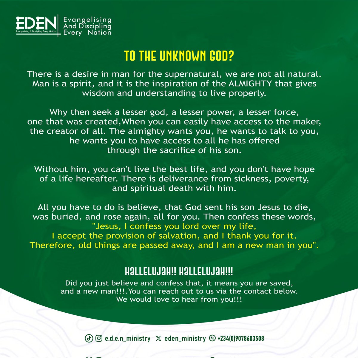 eden_ministry's tweet photo. Heyoo,
You are not just natural, there is more to life than what we see.
To live well, you need the maker and giver of life,

Come to him today, he wants you.

If you just believed in the lord Jesus having read this post,
You can reach us here, or on WhatsApp (09078603508) https://t.co/dLqn9EJZuP