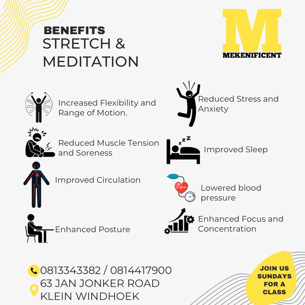 mekenificent's tweet photo. Benefits of stretching and mindfulness meditation #Wellness #Namibia https://t.co/ieFmJhtNO7