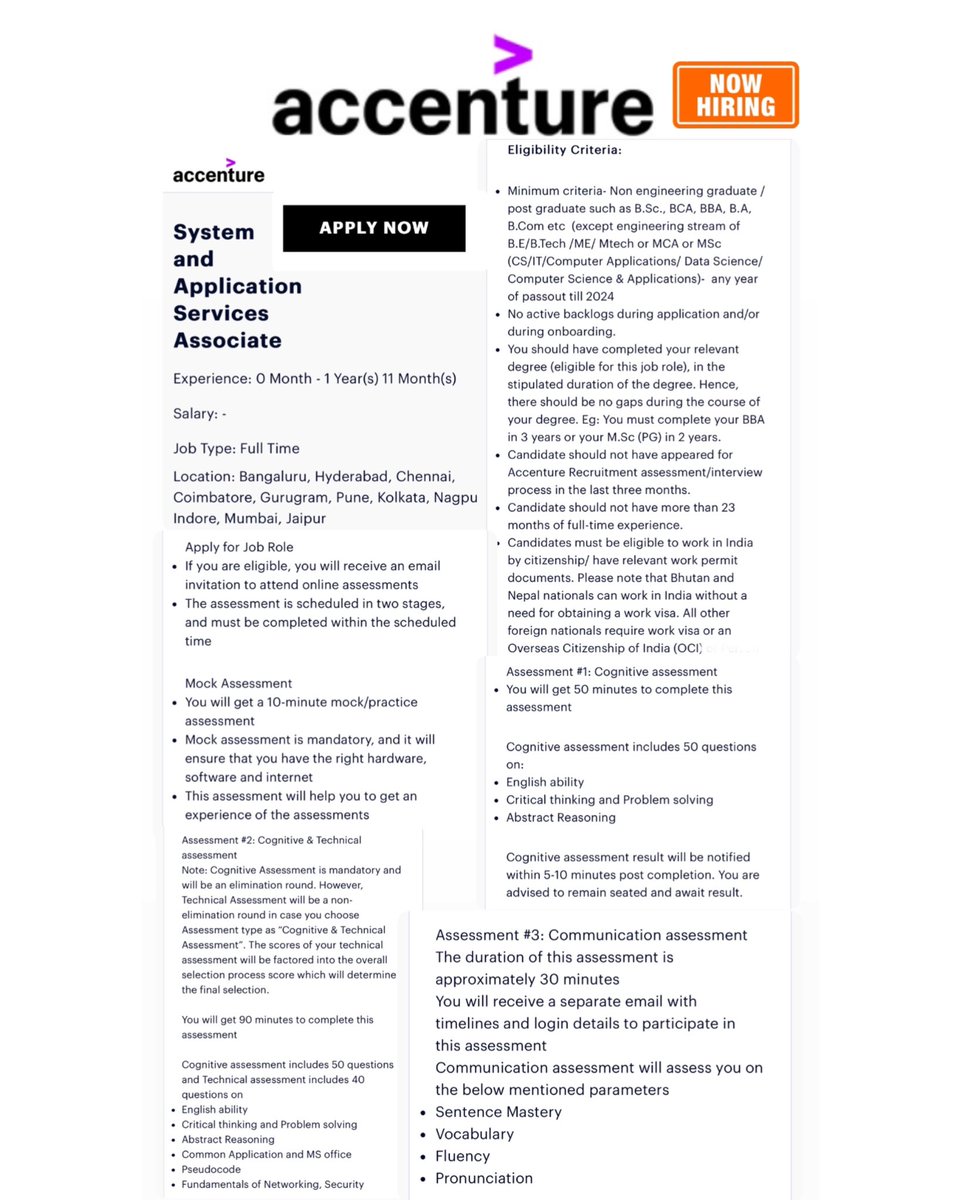 techpanda2025's tweet photo. ✅ Accenture is conducting a Mass hiring

📍Location: Bengaluru, Hyderabad, Chennai, Coimbatore, Gurugram, Pune, Kolkata, Nagpur, Indore, Mumbai, Jaipur

👉Roles: System and Application Services Associate

🔥 Experience: Freshers

Apply Link - https://t.co/XKhUjhwmDI https://t.co/qKKHuv3brh