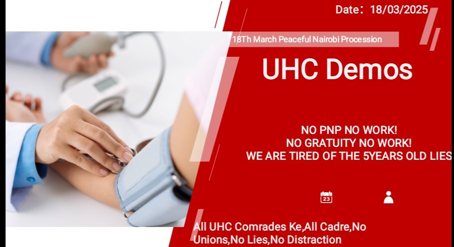_James041's tweet photo. UHC MEDICS were at the forefront during the COVID-19 PANDEMIC.

Even after risking their lives, where some died, the medics are still undergoing frustrations from the @MOH_Kenya .

This coming Tuesday, the 18th of March 2025, UHC MEDICS will be Occupying the Ministry of Health to demand for:

1.Payment of 5yrs Gratuity 
2.Conversion of their Terms to PNP(Permanent and Pensionable)
3.Job Group reDesignation 
4.Equal salary for Equal work.

Kenya has money and our taxes must be used to benefit the people of Kenya.

The ground is completely charged and ready to #OccupyMoH .

They will not believe!
