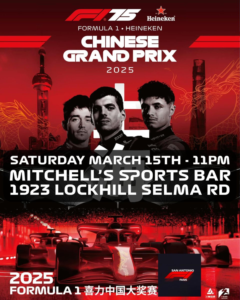 Come join us Sunday March 23 at Mitchell's, 1923 Lockhill Selma, #SanAntonio #Texas, for the #F1 #ChineseGP, with lights out at 12PM. 🏎 🏁

Event link in our bio.

All #FormulaOne fans are welcome.
We are Pet and kid friendly. 🐾🍻
#SAF1 #Formula1