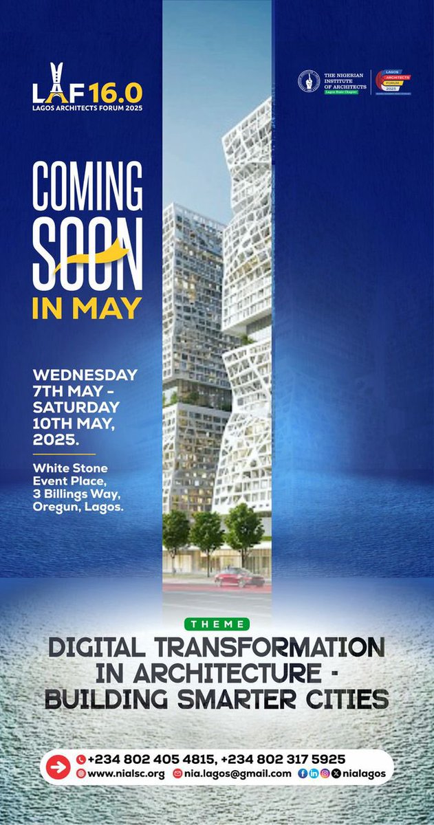 Lagos Architects forum , LAF 16.0 is here. 

Watch this space !

#LAF16.0 #lagosarchitects #digitaltransformationinarchitecturebuildingsmartercities