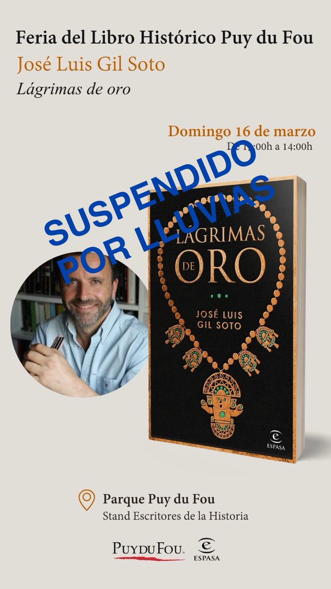 Debido a la predicción del tiempo, con frío y alta probabilidad de lluvias, lamento suspender la firma de hoy a la vez que agradezco el interés mostrado y la excelente atención de <a href="/PuyduFou_espana/">Puy du Fou España</a> y de <a href="/escritoresconl1/">escritoresconlahistoria</a> <a href="/editorialespasa/">Editorial Espasa</a> 
¡El año que viene estaré con ganas!