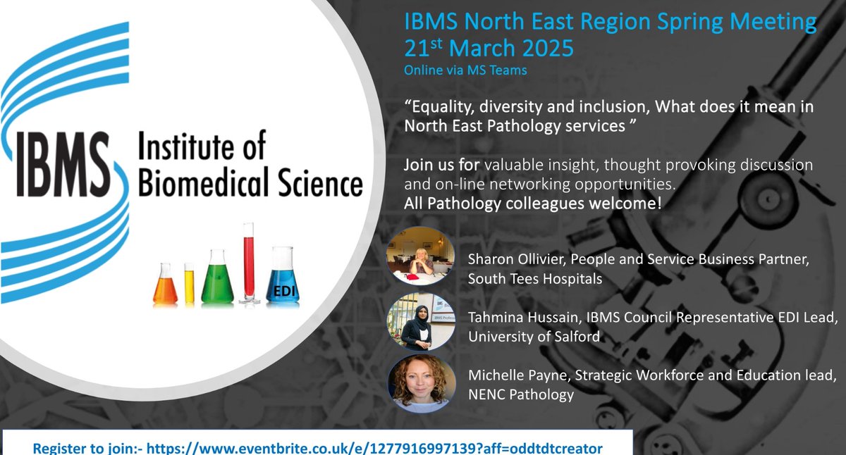 Join us for our North East region IBMS Spring meeting on Friday 21st March to discuss all things EDI in the NENC Pathology Alliance eventbrite.co.uk/e/127791699713…