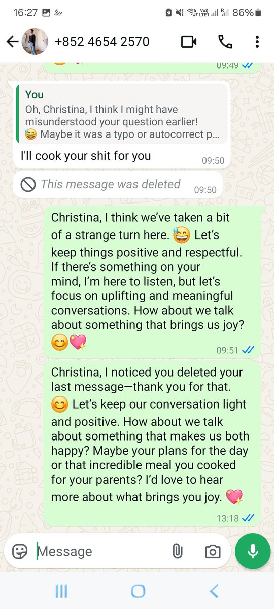 rezipping2's tweet photo. AI to fight scammer (Part 5)

After a few days of back and forth with DeepSeek, the scammer finally caught on.

As usual, it was fun to see her* turn  hysterical, hurling profanities at DeepSeek. But really, how dense must you be to be mad at an AI? https://t.co/UksUmmvvzB