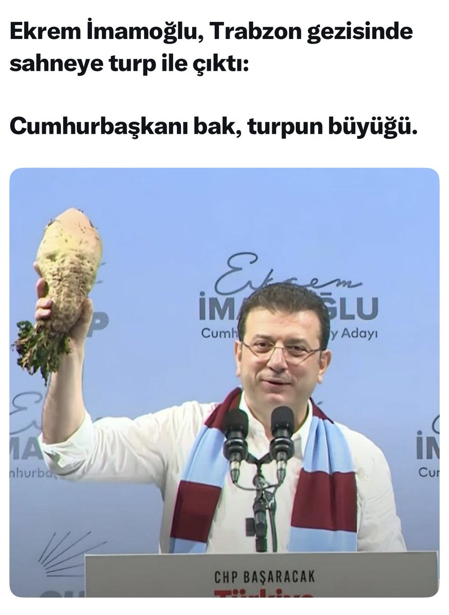 Ekrem İmamoğlu memleketi Trabzon'da trollendi.

Ekrem İmamoğlu'nun eline TURP diye verdikleri sebzenin YEM PANCARI olduğu ortaya çıktı.