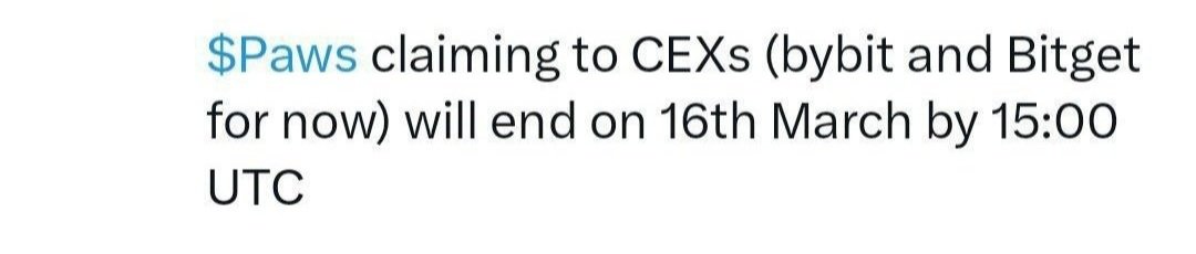 azeee666's tweet photo. #PAWS
Only 6 hours left for #OffChain Claim to #Bybit & #Bitgetβ―β―β―β―β―β― exchanges.
Hurry up guys, claim your $PAWS upto 15.00 UTC today.
#Onchain withdrawal ll start on listing day i.e 18th March
#PAWSLabs
#PAWSPower
#PAWSlistBitget
#PAWSNews
#PAWSCommunity
#PAWSlistBybit
#CentralisedExchanges
#CEXs
#ClaimPAWS