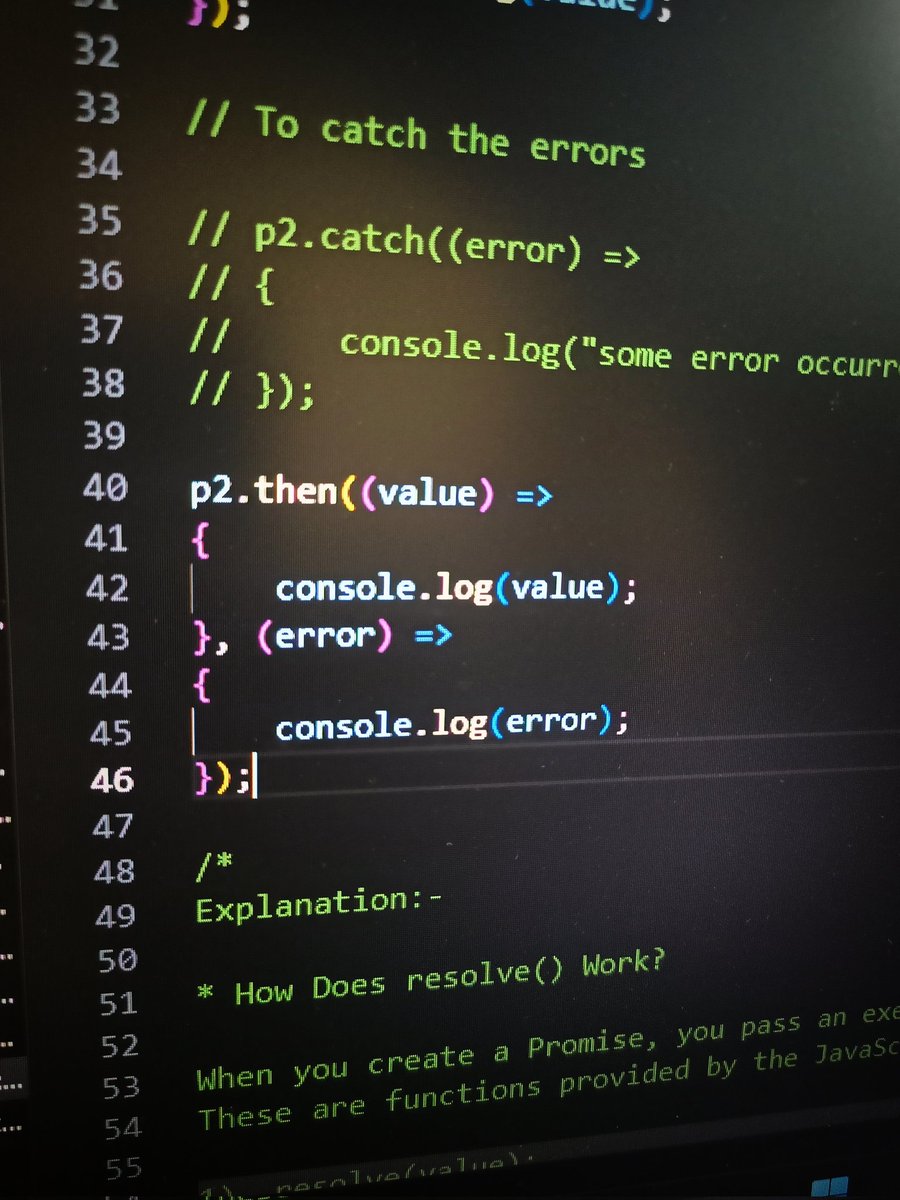 Day 4 of #100DaysOfCode Completed:-

- Introduction to Promises
- Explored .then() &amp; .catch() Methods

These two methods are very important in handling the Success &amp; failure of Promises.