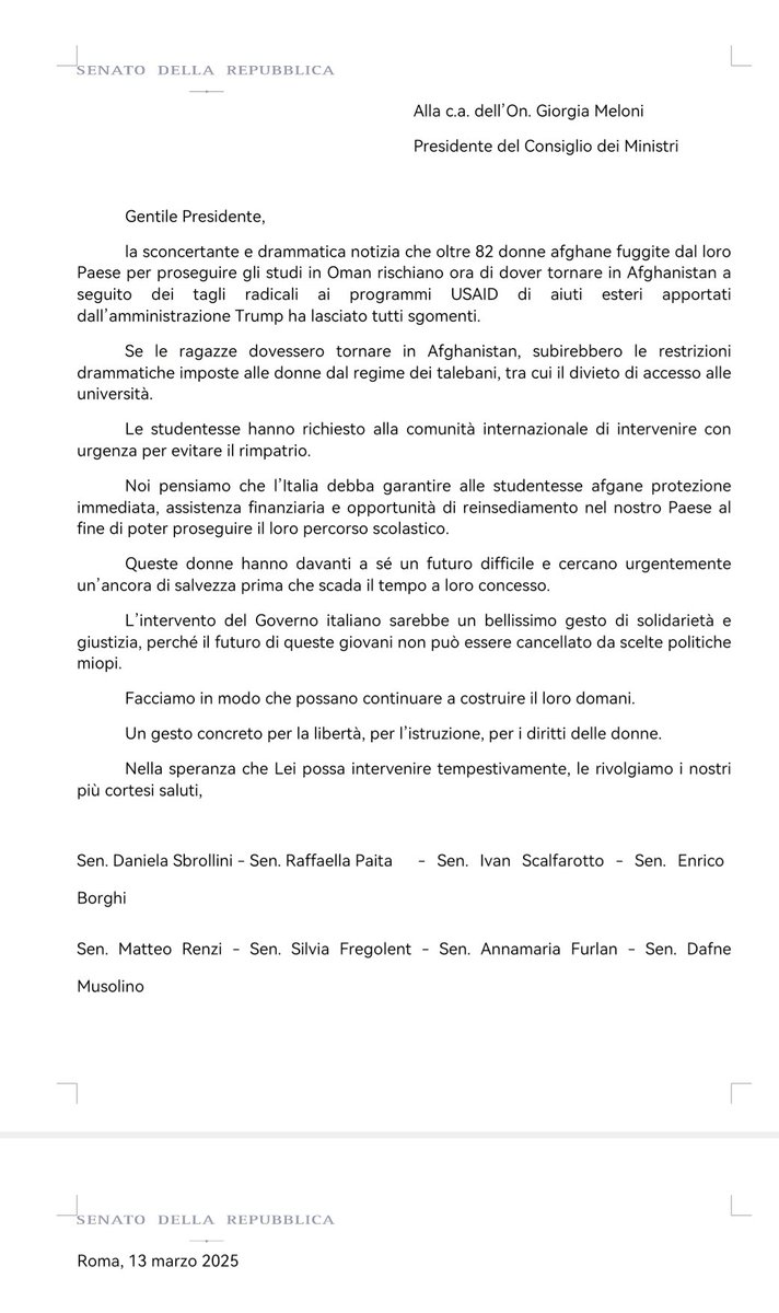 Un primo passo, un' ottima notizia.
L' appello lanciato per aiutare le ragazze afghane ha trovato ascolto.
Grazie alla senatrice <a href="/DaniSbrollini/">Daniela Sbrollini</a> 
Spero non cada nel vuoto.