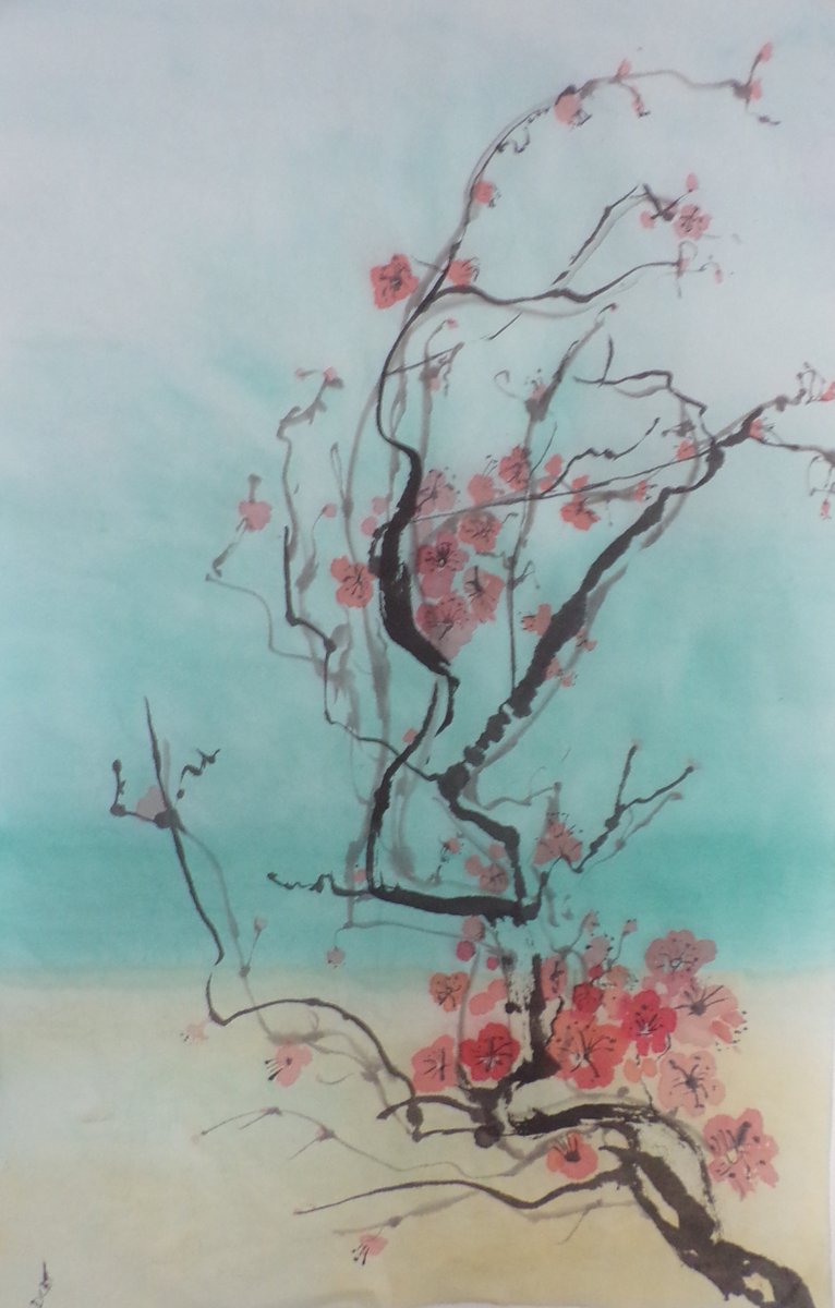 Blossom. Practising my Chinese brushwork. Ink and watercolour on rice paper. When the painting is dry, I put a wash on the reverse side of the rice paper always hoping the painting does not disintegrate with the water. #ink #watercolor #art #Flowers #Blossom #watercolorpainting